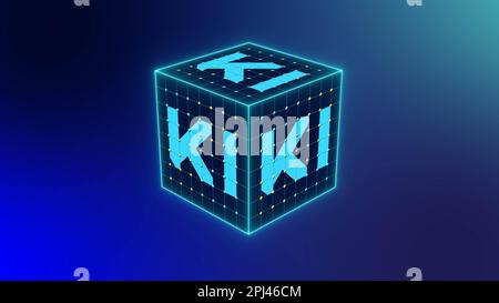Cube with inscription KI - Concept of Visualization of Artificial Intelligence (in german Kuenstliche Intelligenz) on blue background Stock Photo