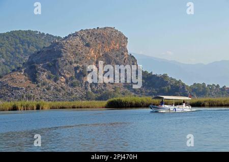 Turkey, Lycia:  view of the rocky hill on which are the acropolis and ruins of the ancient town of Kaunos in the Dalyan delta. Stock Photo