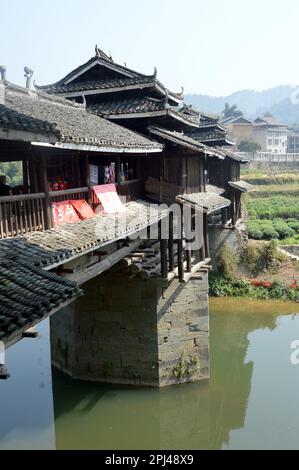 People's Republic of China, Guangxi Province, Sanjiang County, Maan:  the Chengyang Wind and Rain ('Fengyu') Bridge, built by Dong woodworkers in 1912 Stock Photo