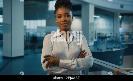African American ethnic millennial 30s successful confident strong businesswoman in office. Woman corporate worker feminism lady female leader Stock Photo