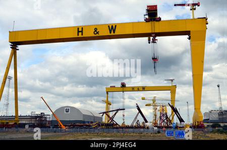 Northern Ireland, Belfast:  Harland and Wolff's shipyard with the two gantry cranes, Samson and Goliath, built in 1974 and 1969 respectively and which Stock Photo