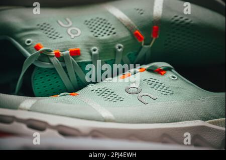 ZURICH, SWITZERLAND, MARCH 31, 2023: Cloudsurfer 7, new innovative Road Running Shoes from On Running Company: Revolutionizing Road Running Comfort Stock Photo
