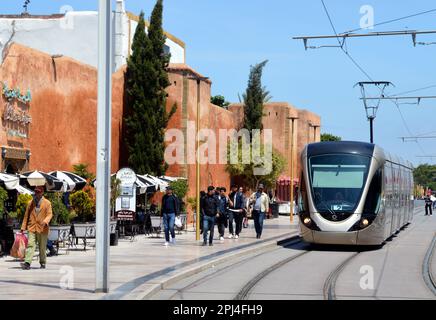 Morocco, Rabat:  the city is proud of its new street railway, seen in front of the city walls. Stock Photo