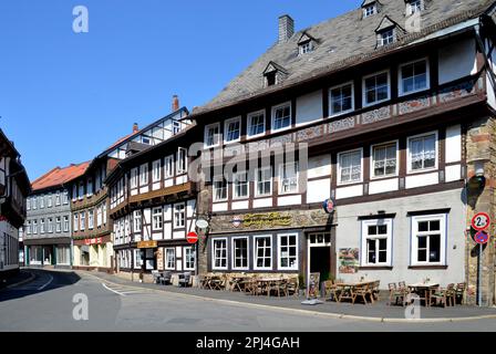 Germany, Lower Saxony, Goslar:   a row of handsome timber frame facades on Marktstrasse (Market Street). Stock Photo