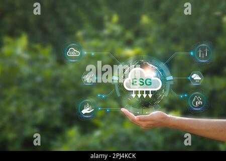 ESG, Environmental, Social and Governance Sustainable Industry of Business global warming reduction concept on green background Stock Photo