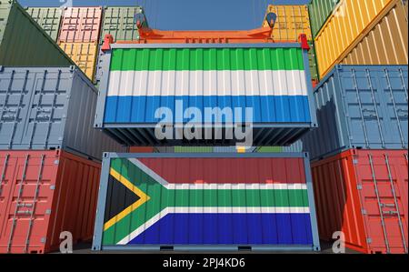 Shipping containers with Sierra Leone and South Africa national flags. 3D Rendering Stock Photo