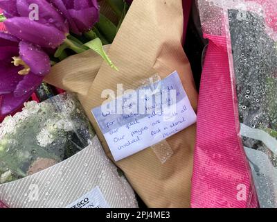 Flowers and messages left for the victim at the scene in Meridian Close, Bluntisham, Cambridgeshire. Police found the body of the 32-year-old, named locally as Josh Dunmore, with a gunshot wound on Wednesday evening. They were later called to a second property in in Sutton, where they found the body of a 57-year-old, named locally as Josh's father Gary Dunmore, who had also died from gunshot wounds. The deaths of both men are being treated as murder and three men have been arrested by Cambridgeshire Police. Picture date: Friday March 31, 2023. Stock Photo
