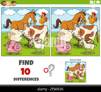 differences game with cartoon farm animal characters Stock Vector Image ...