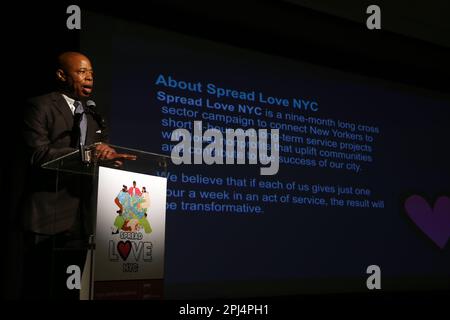 New York, NY, USA. 30th Mar, 2023. New York city Mayor Eric Adams delivers remarks at the Nonprofit kickoff launch of “Spread Love NYC” empowering Volunteers to infuse communities to love and help each other for the sake of our neighbors, for fellow New Yorkers and those in need through the concept of volunteering, as stated by Mayor Eric Adams. Launch held at the Museum of the City of New York on March 30, 2023 in New York City. Credit: Chris Moore/Media Punch/Alamy Live News Stock Photo