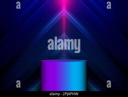 3D realistic neon colors podium with abstract blue arrow glowing with lighting and line grid on blue background technology hi-tech cyberpunk style. Ve Stock Vector