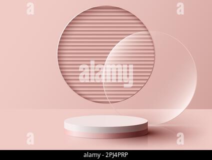 3D realistic white and pink podium stand decoration with circle transparent glass and round circle window background. You can use for luxury products Stock Vector