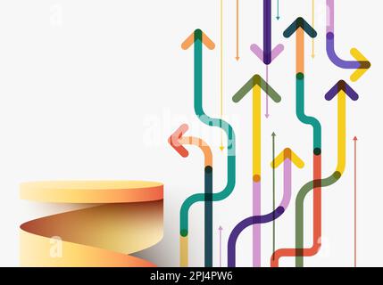 3D realistic empty yellow podium stand swirl spiral ribbon with arrow way diagonal direction colorful overlapping on white background. You can use for Stock Vector