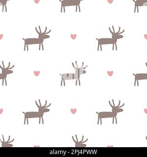 Cute reindeer and hearts seamless pattern. Stylized deer character Christmas background. Vector illustration. Stock Vector