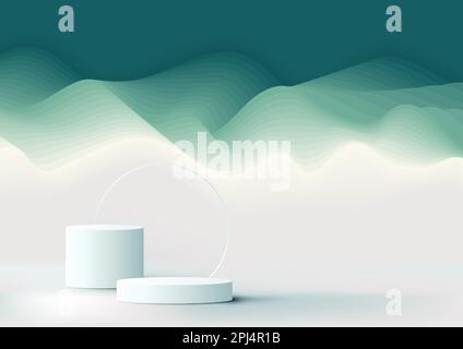 3D realistic products display white podium pedestal stand with transparency circle glass backdrop and abstract green waves paper art layer background Stock Vector