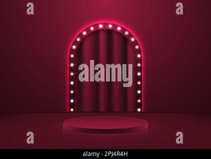 3D realistic red podium pedestal with glowing light bulb circle backdrop on dark background retro style. You Can use for mockup cosmetic presentation, Stock Vector