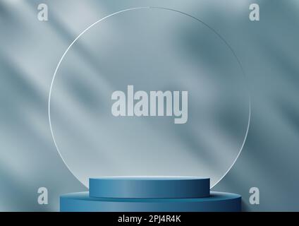 3D realistic modern empty blue cylinder podium stand product display with circle transparent glass backdrop and leaf shadow light blue background. You Stock Vector