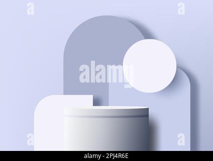 3D realistic blue and white podium shelf with rounded geometric circle backdrop on purple background. You can use for product presentation, cosmetic d Stock Vector