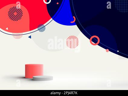 3D realistic empty white and red podium cylinder stand with abstract organic shapes forms pattern with geometric circles, lines elements on white back Stock Vector