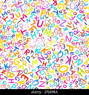 Seamless pattern - Wax Crayon alphabet font letters over white background. Stock Photo