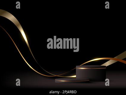 3D realistic black and gold podium stand with abstract golden wave lines and ribbon with lighting effect on black background modern luxury style. You Stock Vector