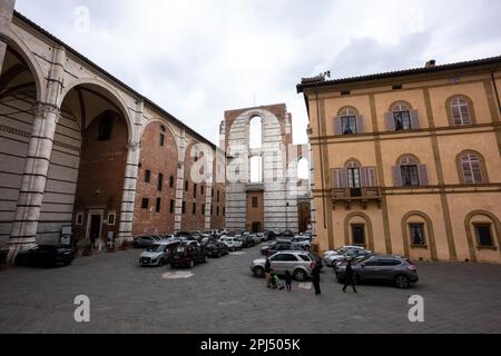 What would have been the massive nave of the Nuovo Duomo, now a car park, in Siena, Italy. Piazza Jacopo della Quercia. Stopped by 1348 plague Stock Photo