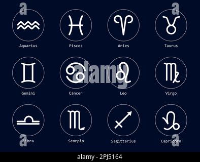 Set with 12 zodiac signs on dark blue background, illustration Stock Photo