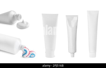 Collage with different toothpastes on white background Stock Photo