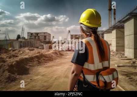Female construction worker in safety gear with helmet seen from behind, promoting gender equality in the workplace Stock Photo