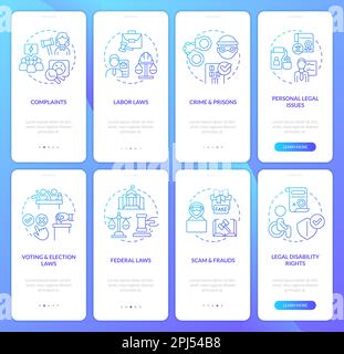 Legal cases blue gradient onboarding mobile app screen set Stock Vector