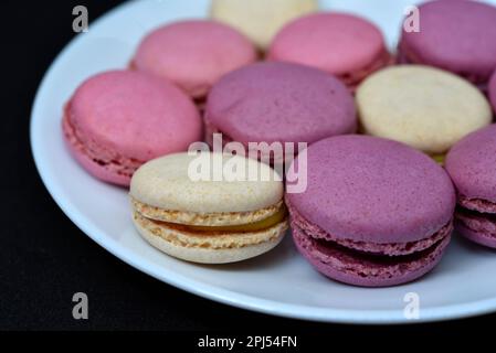 Macaroons in a white plate on a black background. Colorful sweet cookies. Stock Photo