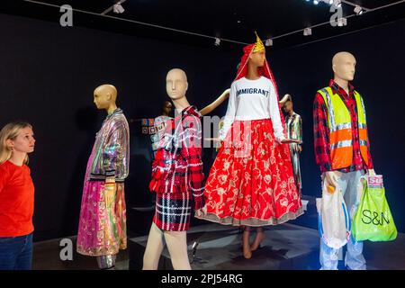 London, UK.  31 March 2023. (C) 'Immigrant t-shirt', SS2017, at a preview ‘Ashish: Fall in Love and Be More Tender’, the first major survey of works by fashion designer Ashish.  Over 60 designs from the past 20 year, including some worn by global celebrities, are on show at the William Morris Gallery, Walthamstow, 1 April – 10 September 2023. Credit: Stephen Chung / Alamy Live News Stock Photo