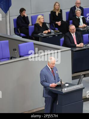 Berlin, Germany. 30th Mar, 2023. King Charles III of the United Kingdom Great Britain and Northern Ireland give a speech to the members of the German Bundestag in Berlin, Germany on March 30, 2023. (Photo by Simone Kuhlmey/Pacific Press/Sipa USA/Alamy Live News) Stock Photo