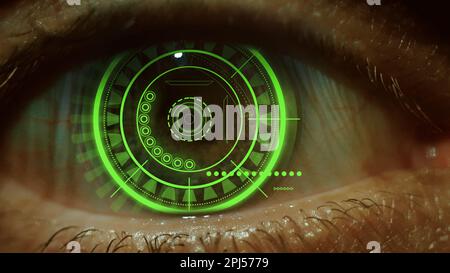 Close-up of a male eye with visual effects. The concept of a sensor implanted in the human eye. Business, computer, cyberspace. Stock Photo