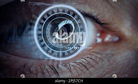 Close-up of a male eye with visual effects. The concept of a sensor implanted in the human eye. Business, computer, cyberspace. Stock Photo