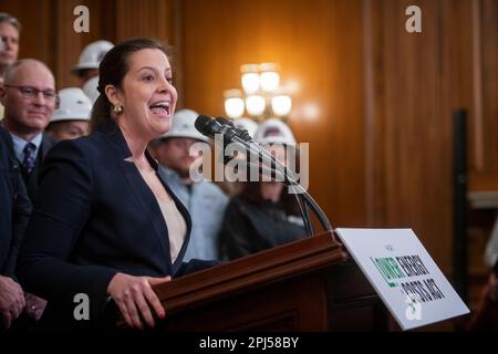 Washington, United States Of America. 30th Mar, 2023. House Republican Conference Chairwoman United States Representative Elise Stefanik (Republican of New York) offers remarks during press conference post passage of H.R. 1, Lower Energy Costs Act, at the US Capitol in Washington, DC, Thursday, March 30, 2023. Credit: Rod Lamkey/CNP/Sipa USA Credit: Sipa USA/Alamy Live News Stock Photo