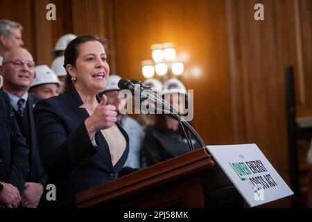 Washington, United States Of America. 30th Mar, 2023. House Republican Conference Chairwoman United States Representative Elise Stefanik (Republican of New York) offers remarks during press conference post passage of H.R. 1, Lower Energy Costs Act, at the US Capitol in Washington, DC, Thursday, March 30, 2023. Credit: Rod Lamkey/CNP/Sipa USA Credit: Sipa USA/Alamy Live News Stock Photo
