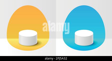 Yellow and blue color cylinder stand podium icon in flat style. Mockup product display vector illustration on isolated background. Stage for showcase Stock Vector