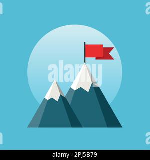 Mountain with flag icon in flat style. Success vector illustration on isolated background. Hiking trip sign business concept. Stock Vector