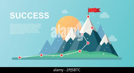 Mountain with flag icon in flat style. Success vector illustration on isolated background. Hiking trip sign business concept. Stock Vector