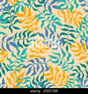 Abstract wavy leaves seamless pattern. Hand drawn tree brunches, organic sea grass background. Curved natural shapes eco textile, cover, packaging. Vector illustraion. Stock Vector