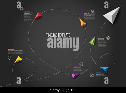 Vector Infographic timeline report template with color pyramid triangle arrow showin the direction, icons and simple content. Dotted black timeline te Stock Vector