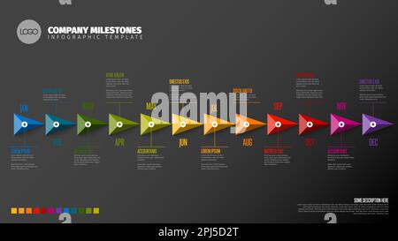 Full year timeline template with all rainbow colored months on a horizontal time line as big color pyramid triangle arrows in one long row, month name Stock Vector