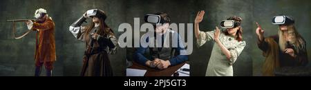 People in vintage costumes of different eras posing with VR glasses against dark green background. Technology Stock Photo