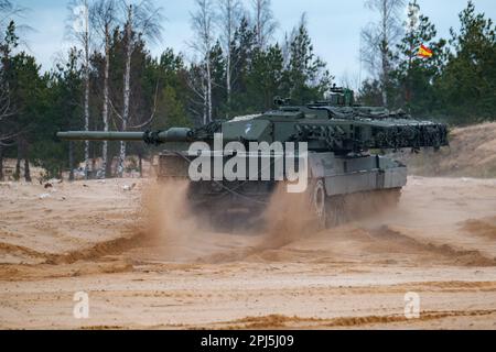 ADAZI, LATVIA, MARCH 29, 2023 - Spanish army Leopard 2 Main Battle Tank participates in NATO military exercise “Crystal Arrow 2023” Stock Photo