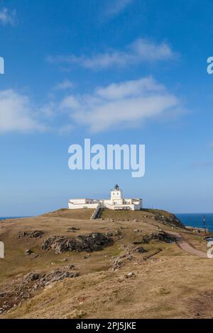 Strathy Point Lighthouse location on the tip of a peninsula at the very top of Scotland between Cape Wrath and Joan O'Groats. Stock Photo