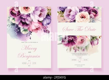 Wedding vector floral invite invitation thank you, rsvp card watercolor design set: garden flower pink peach Roses Stock Vector
