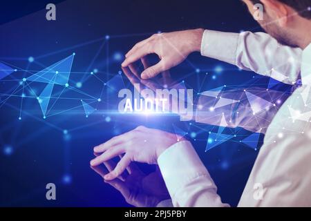 Businessman touching huge screen concept Stock Photo