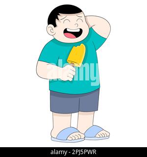 fat boy feeling embarrassed fasting month eating ice cream Stock Vector