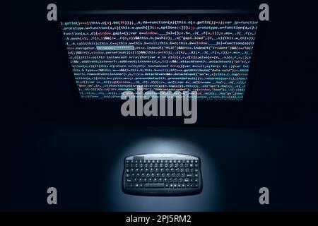 Cyber security threat. Computer screen with programming code. Internet and network security. Stealing private information. Using technology to steal p Stock Photo