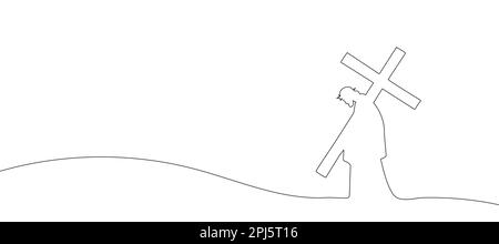 drawing of jesus christ carrying the cross drawn continuous line. Vector illustration Stock Vector